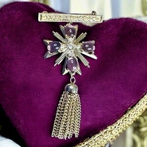 Vintage Maltese cross brooch purple glass cabochons and rhinestones Zentall